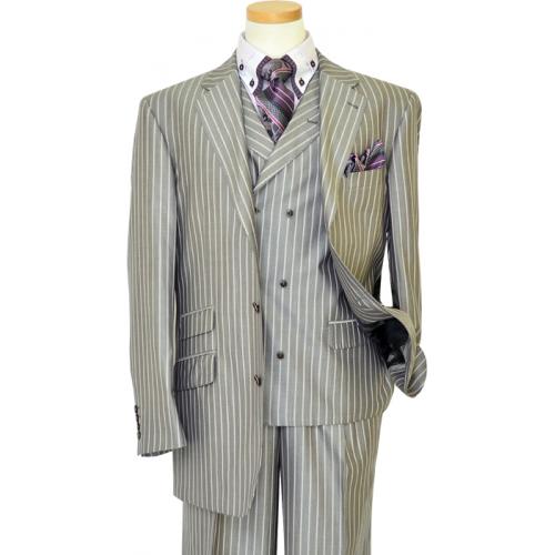 Extrema Silver Grey / Purple / Lavender / White Pinstripes Super 140's Wool Vested Suit HA00120 / HA00098